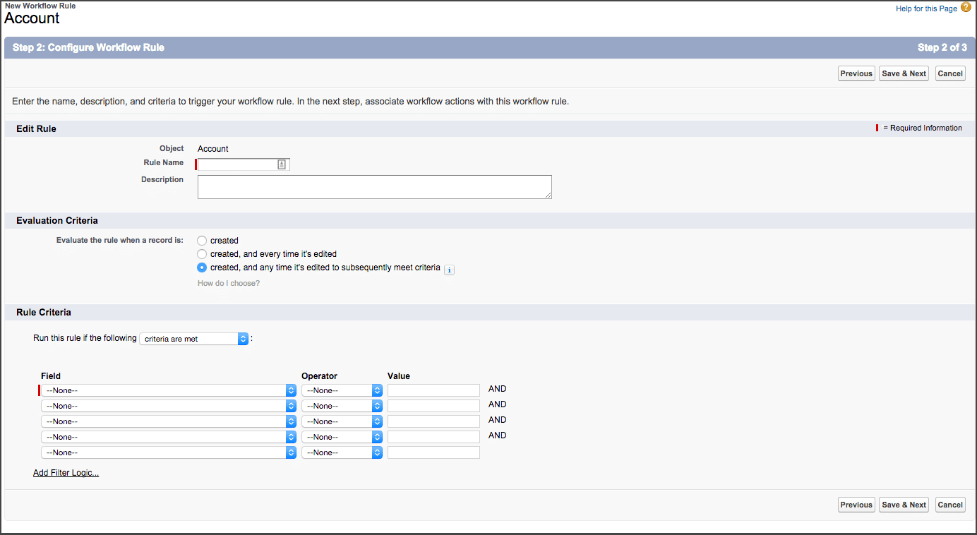 Entering Criteria and Action(s) for a New Workflow Rule