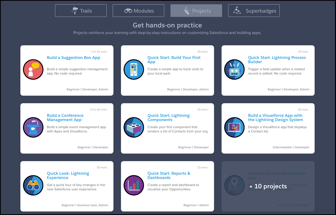 Project categories in the Salesforce learning platform